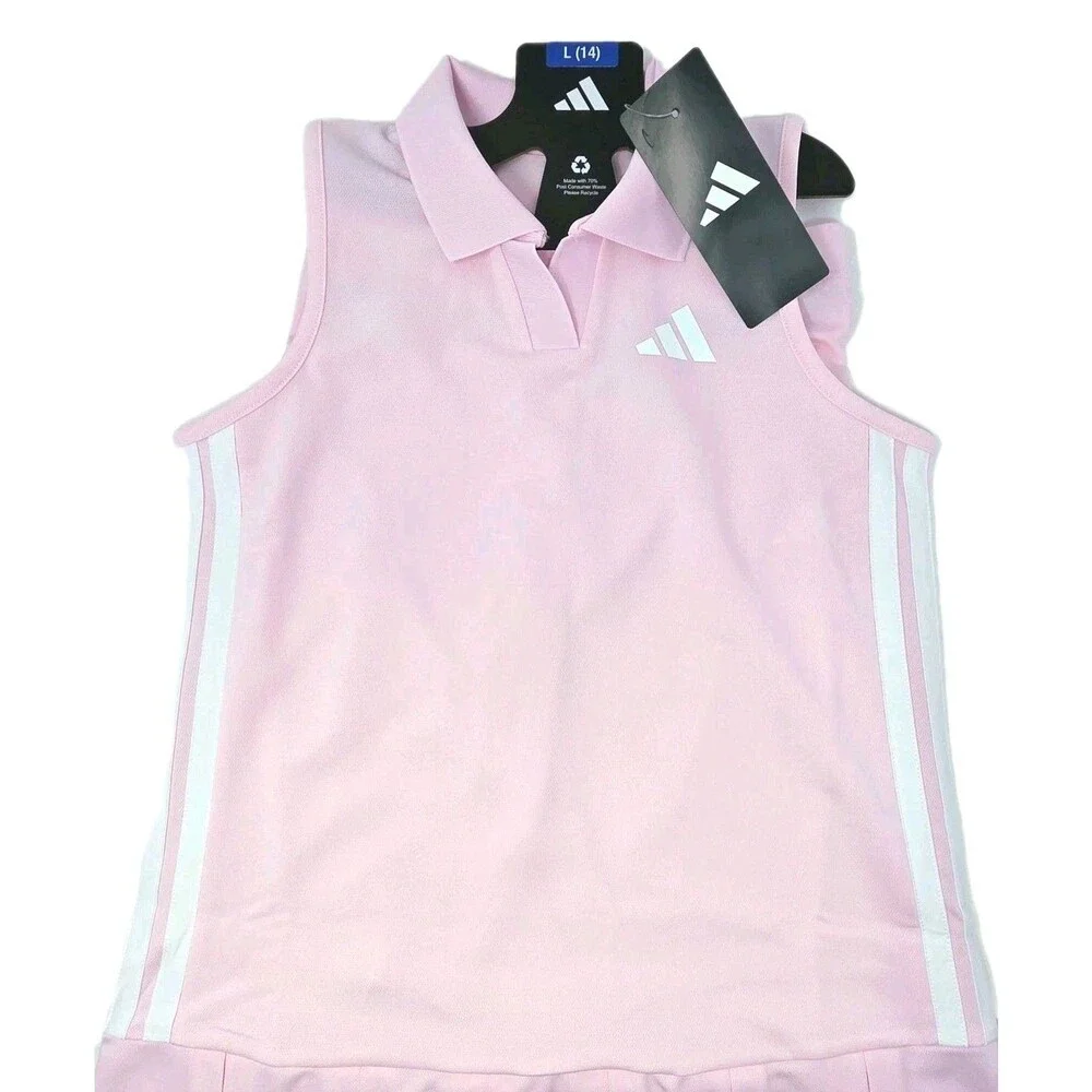 adidas Youth 3-stripe Polo Dress + Bike Shorts 2-pc Set Pink Size L (14) NWT
